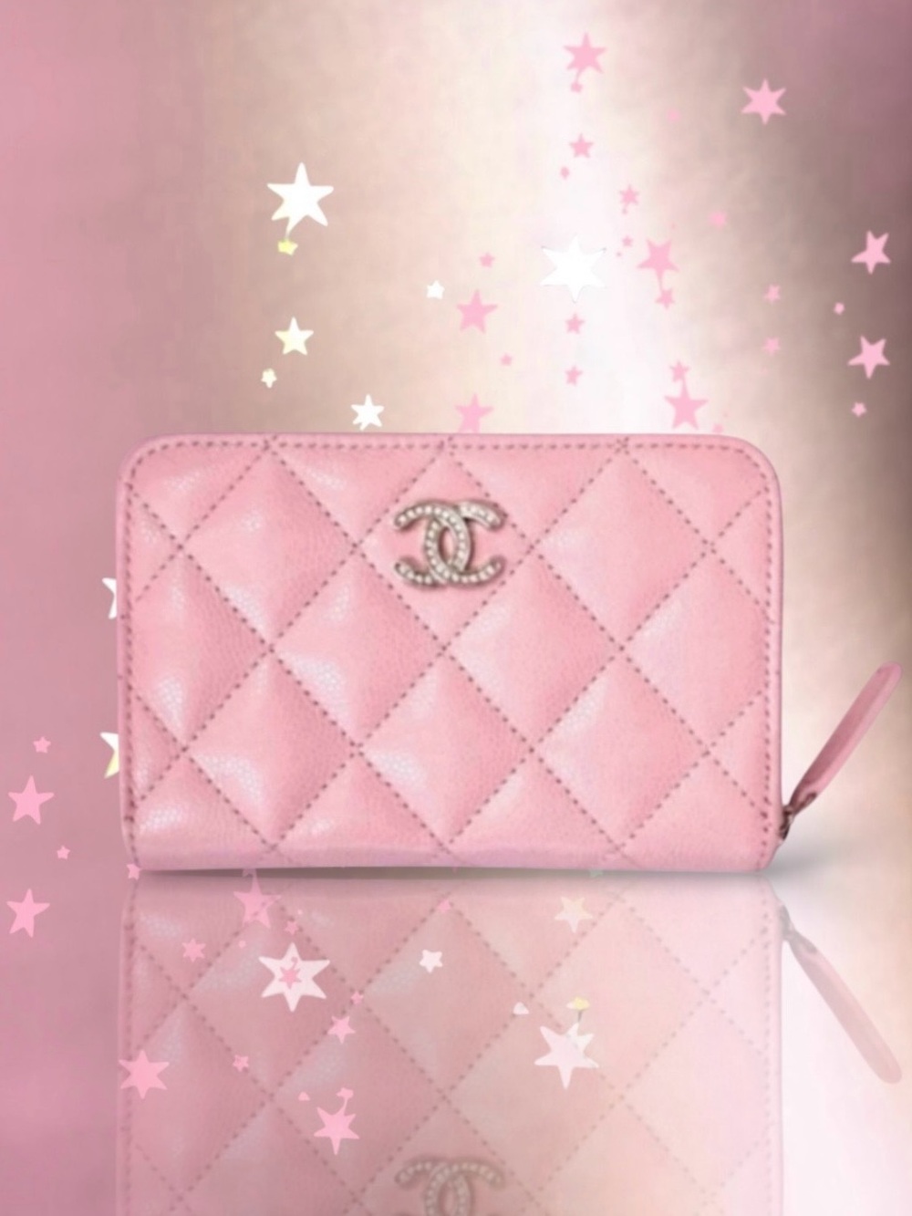 🆕💗CHANEL Grained Calfskin (CAVIAR) Zipped Coin Purse Strass CC Logo GHW • PINK